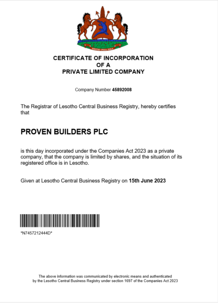 Lesotho company registration certificate Word and PDF template